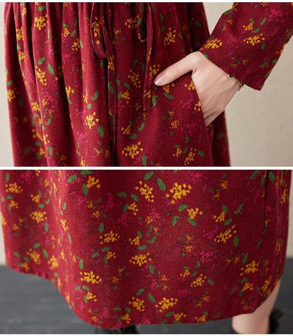Künstlerisches Vintage-Blumenkleid aus Baumwolle und Leinen mit langen Ärmeln