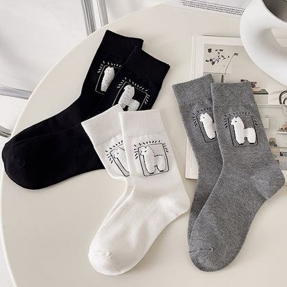 Spring and autumn tube socks cute cartoon black white gray alpaca socks