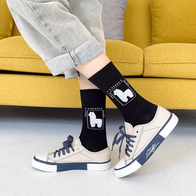 Spring and autumn tube socks cute cartoon black white gray alpaca socks