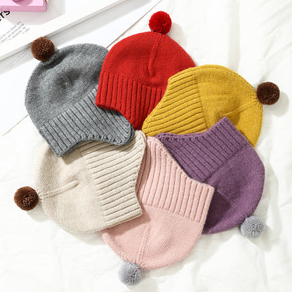 Children's hat wool hat male and female baby ear protection fluffy ball