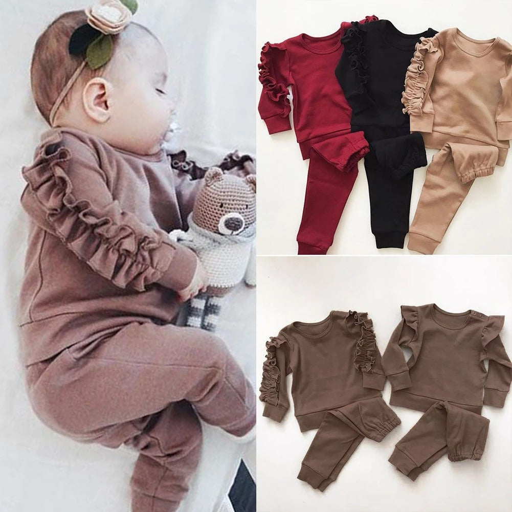 Newborn Baby Boys Girls Ruffle Jumper Solid Long Sleeve Sweatshirt Tops Pants Infant Kids 2Pcs Outfits Clothes Set Autumn Clothing