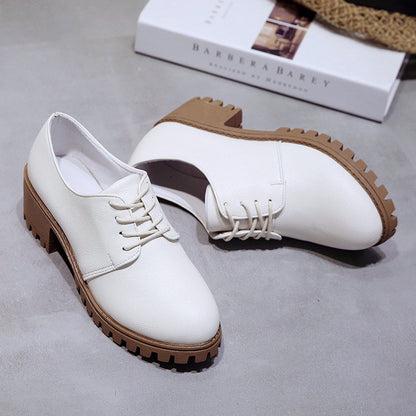 Small leather shoes for women spring 2024 new retro chunky shoes for women Korean version of the flat student mid-heeled shoes