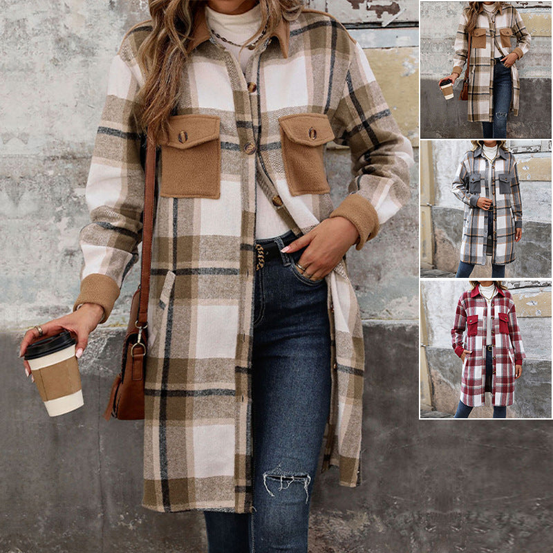 Neu gebürstetem Plaid langen Mantel mit Taschen Mode Winter jacke Outwear Damen bekleidung