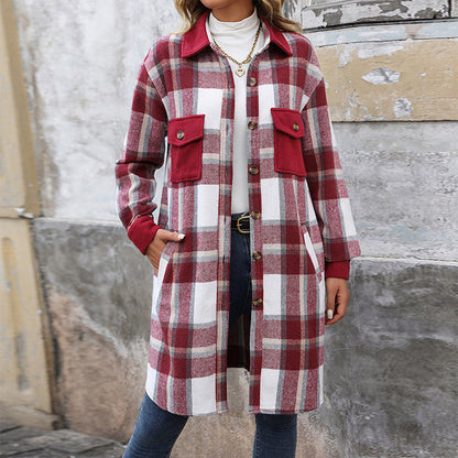 Neu gebürstetem Plaid langen Mantel mit Taschen Mode Winter jacke Outwear Damen bekleidung