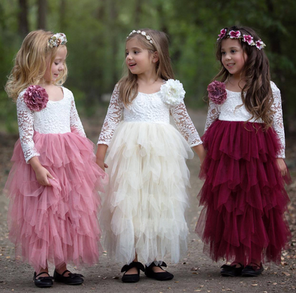 Autumn And Winter Explosions Hollow Children Skirt Lace Long-sleeved Girl White Princess Dress Irregular Dress