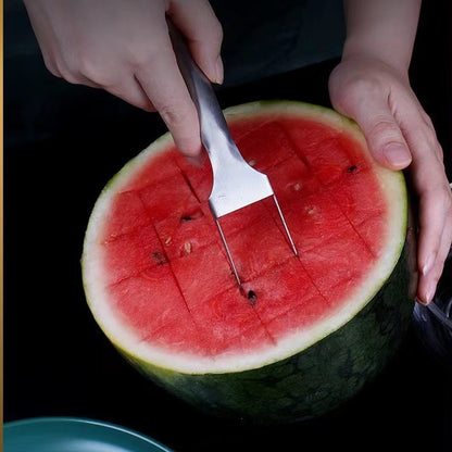 2-in-1 Wassermelonen Gabelschneider Mehrzweck-Edelstahl Wassermelonenschneider Küchen Obstschneidegabel Obstteiler Küchenhelfer