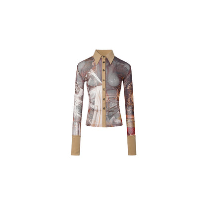 Mid-length printed mesh shirt with pleated waist