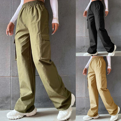 Women's fashion solid color high waist flip workwear with pocket pants