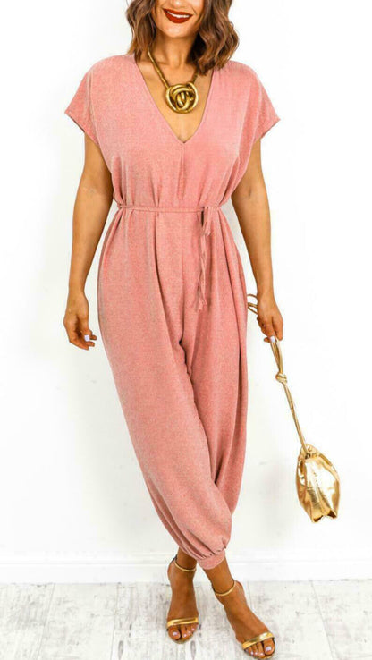 Women's harem pants with V-neck and lacing at the waist wide leg