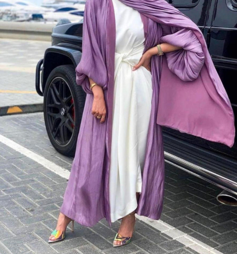 Eid Moslemisches Abaya Kleid Kimono Für Frauen Mode Glänzende Silklike Sommer Abayas Strickjacke Puff Hülse Dubai Türkei Kleidung