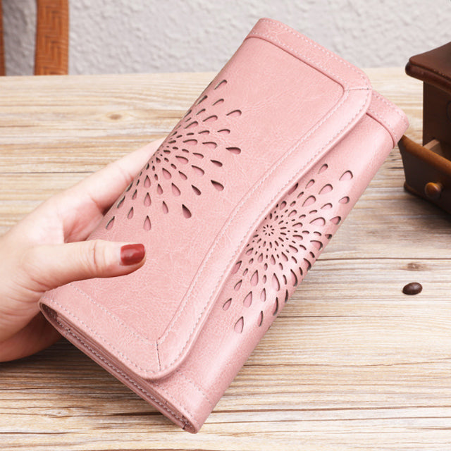 Fashionable long retro wax leather wallet for women