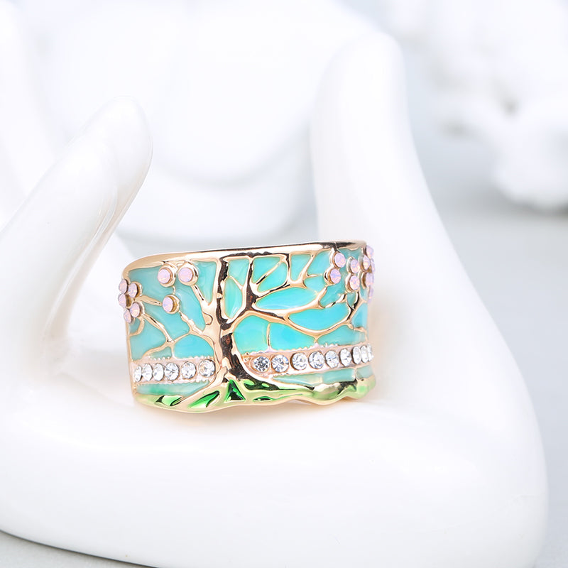 Flower Tree Rings Fashion Gold Pink Opal Green Enamel Wide Ring For Woman Party Crystal Vintage Jewelry