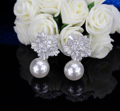 Pearl earrings for women with luxurious firework shaped cubic zirconia ladies jewelry birthday gift