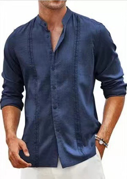 Men's Fashion Casual Tree Wool and Linen Long Sleeve Stand Collar Shirt