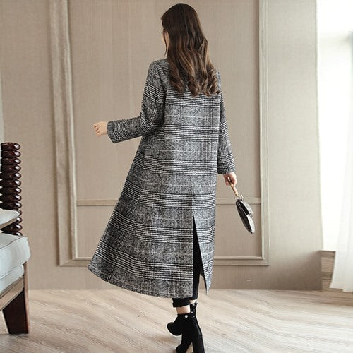 Women's fashion casual tweed suit collar black white plaid jacket