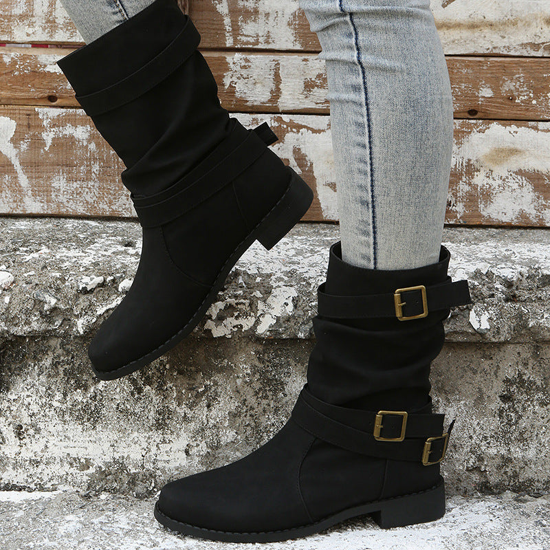 Vintage Low Heel Boots with Adjustable Buckle Women Combat Biker Western Gothic Shoes