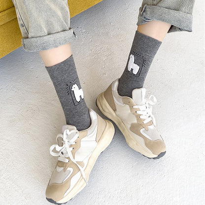 Spring and autumn tube socks cute cartoon black white gray alpaca socks