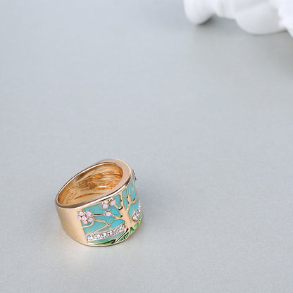 Blumenbaum Ringe Mode Gold Rosa Opal Grün Emaille Breiter Ring Für Frau Party Kristall Vintage Schmuck