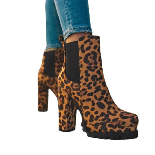Runde Zehen-Stiefeletten solide Leopardenmuster dicke quadratische High-Heel-Schuhe Damen lässige Mode Herbst-Winter-Wildleder-Kleid Party-Stiefel