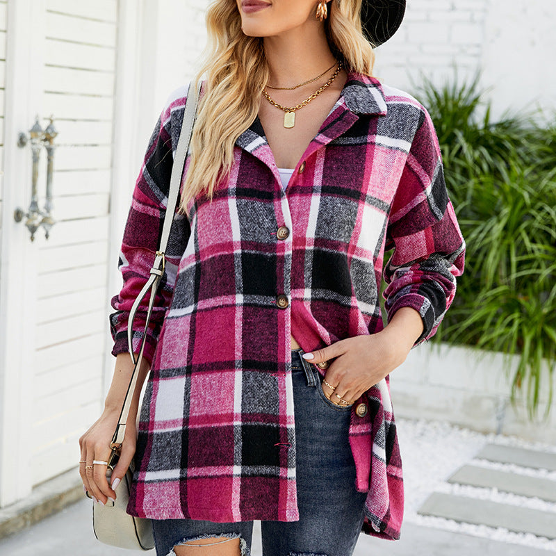 Women's long sleeve checked shirt Mid-length wool coat