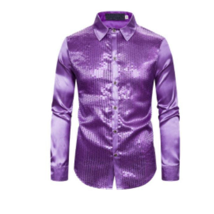 Men's fashion long sleeve shirt with shiny surface and lapel