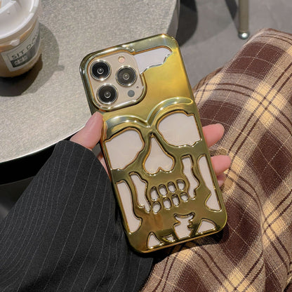 Luxury 3D Skull Phone Case Cover For I-Phone 14 Pro Max 13 12 11 Plus Breathable Shiny Hollow Out Gold Metallic Paint
