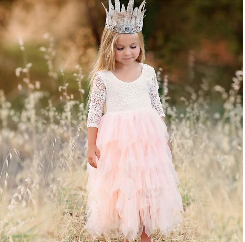 Herbst Und Winter Explosionen Hohl Kinder Rock Spitze Lange ärmeln Mädchen Weiß Prinzessin Kleid Unregelmäßiges Kleid