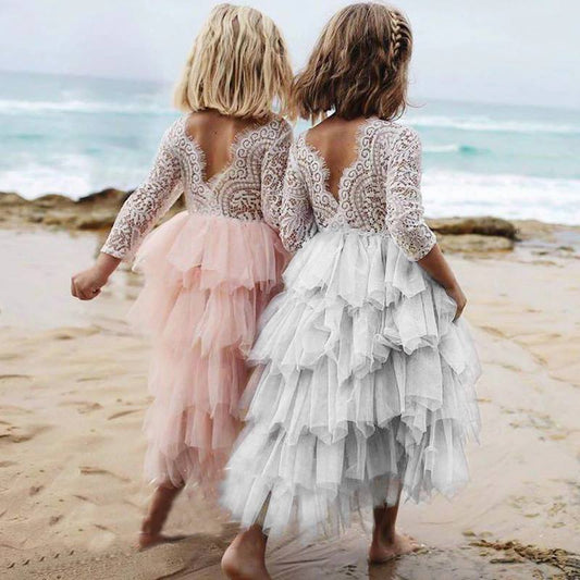 Autumn And Winter Explosions Hollow Children Skirt Lace Long-sleeved Girl White Princess Dress Irregular Dress