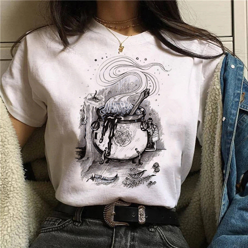 Round neck printed white short sleeve t-shirt