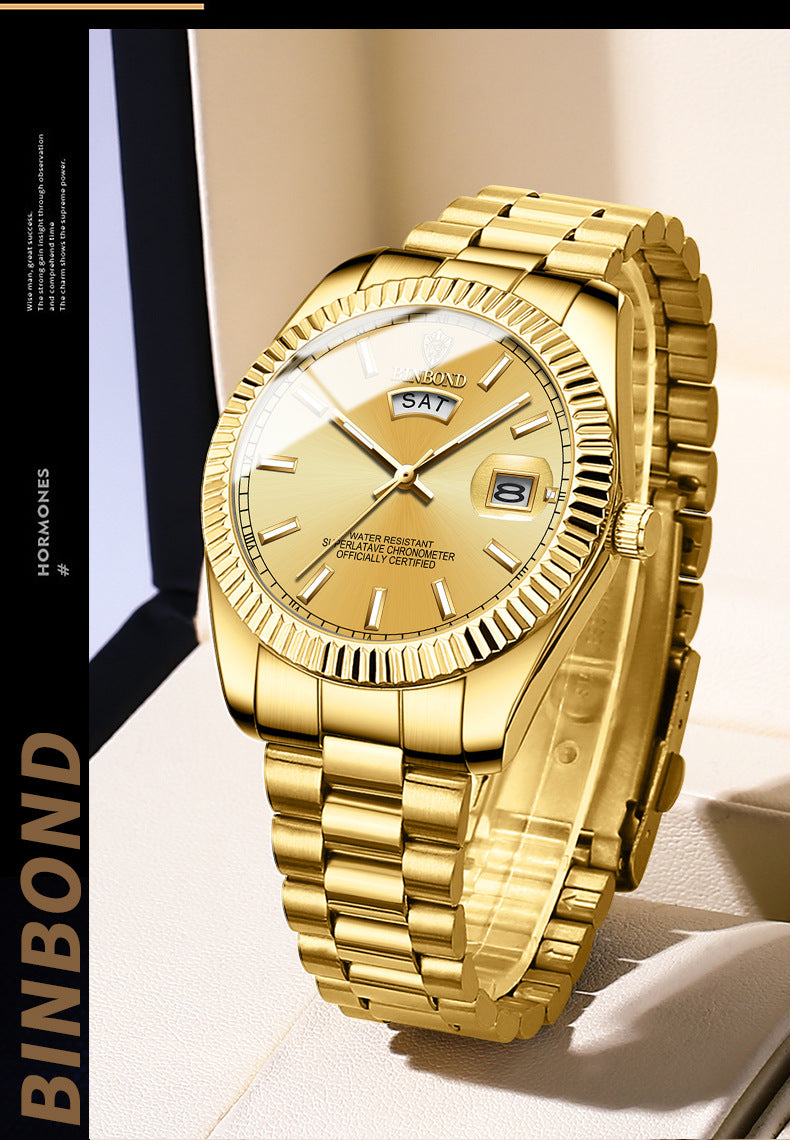 Men's wrist watch with steel belt waterproof leisure double calendar luminous