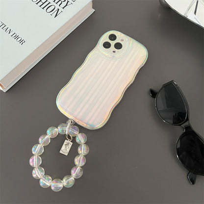 Laser Wave Silicone Phone Case Gradient Laser Stripe Bracelet Case for IPhone 14 13 12 11 Pro Max Plus Pearl Chain
