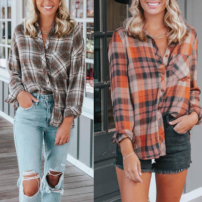 Women's fashion long-sleeved shirt with check pattern