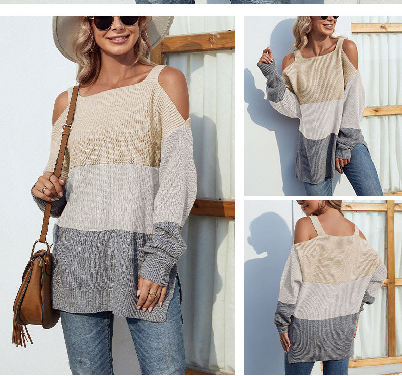 Off-the-shoulder slit sling sweater in contrast color