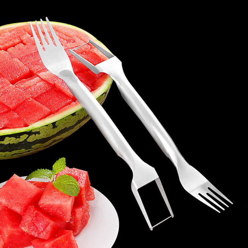 2-in-1 Wassermelonen Gabelschneider Mehrzweck-Edelstahl Wassermelonenschneider Küchen Obstschneidegabel Obstteiler Küchenhelfer