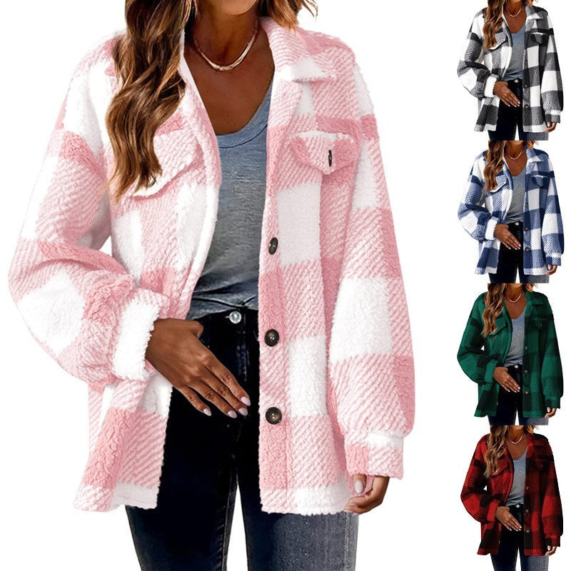 Winter plush coat with checked pocket and buttons