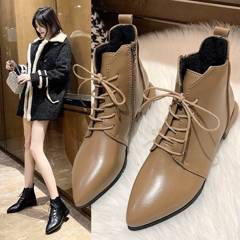 Women's British Style Ankle Boots Thick and Pointed Toe Low Heel Short Boots PU Leather Simple Comfortable