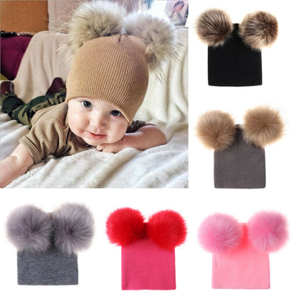 Mikkie Fur Hat Two-Ball Knitted Hat for Kids