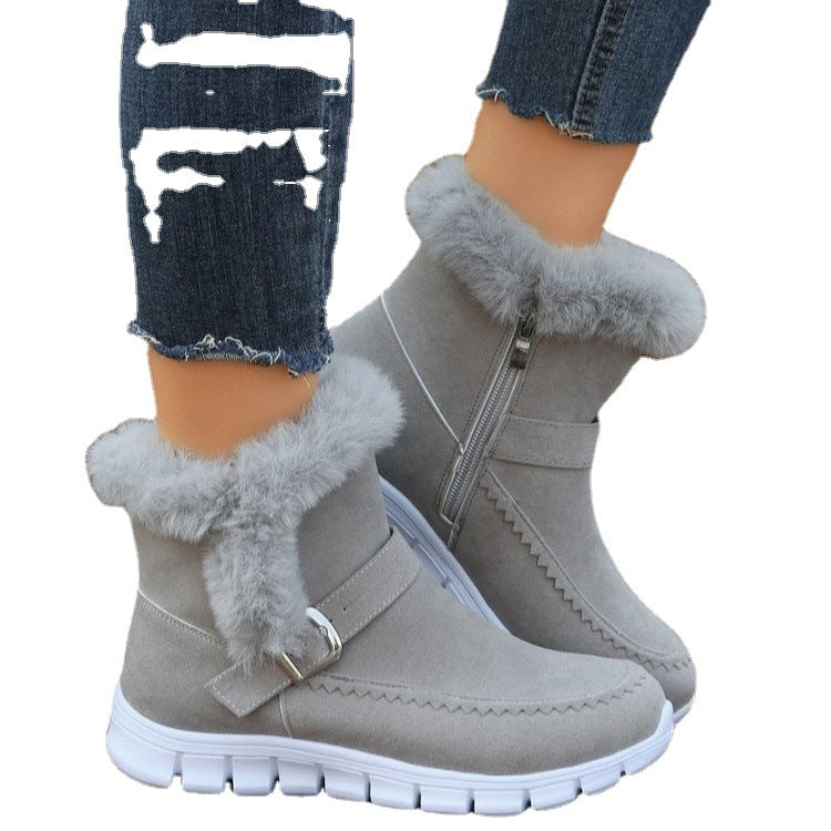 Neue Schnee Stiefel Winter Warme Verdickte Feste Farbe Plüsch Stiefeletten Mit Schnalle Design Plus Samt Flache Schuhe Für Frauen