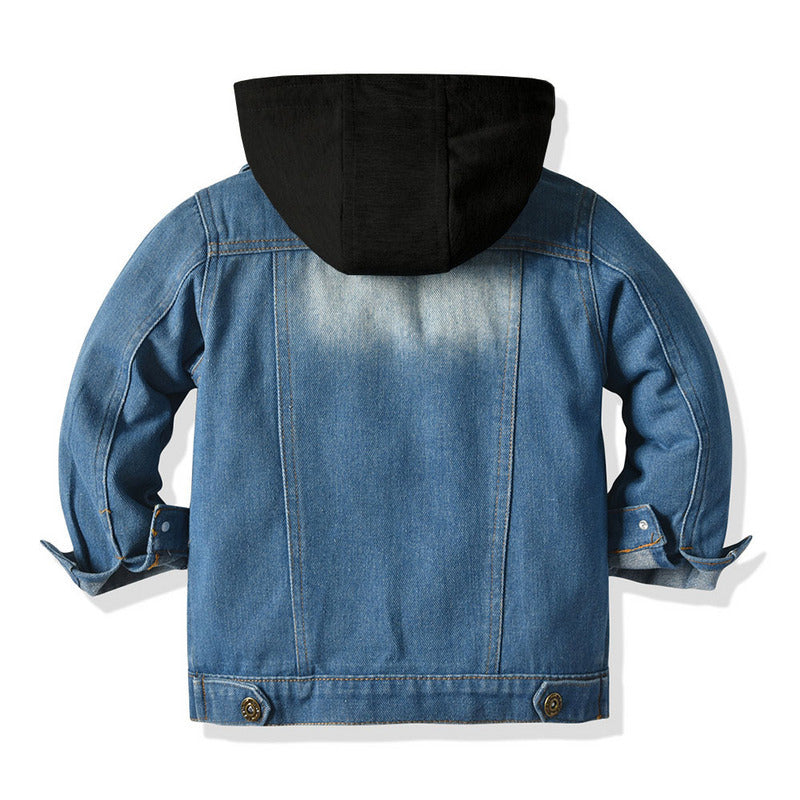 Gefälschte zweiteilige Jeansjacke für Kinder modisches Freizeitoberteil für Kinder mit Kapuze