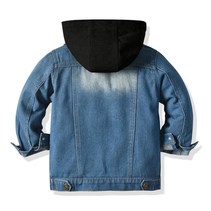 Fake two-piece denim jacket for kids fashionable casual top for kids with hood