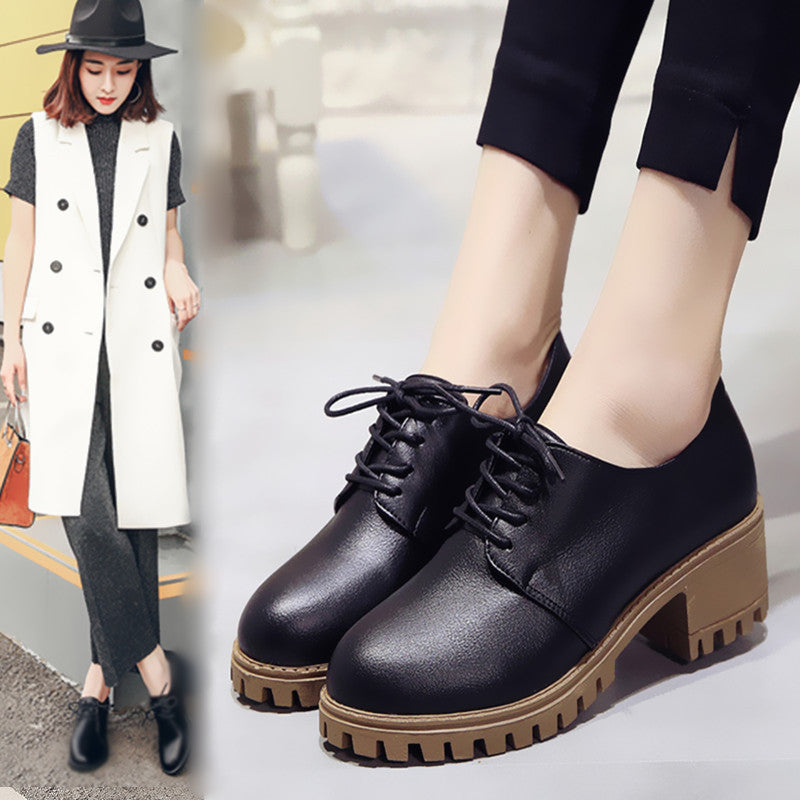 Small leather shoes for women spring 2024 new retro chunky shoes for women Korean version of the flat student mid-heeled shoes