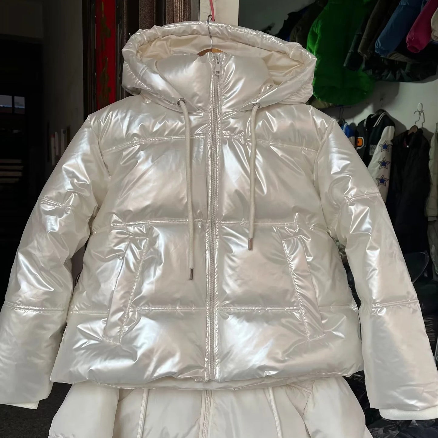 Cotton padded clothing with silver shiny surface and skin feel