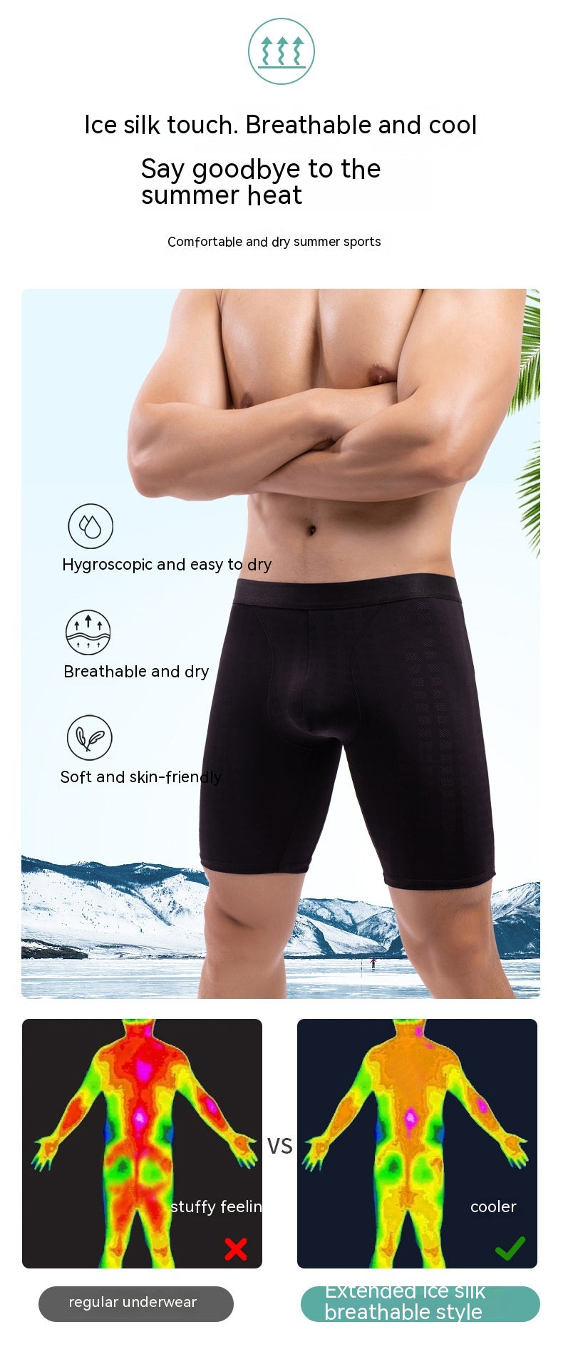 Sommer-Anti-Verschleiß-Bein-Eisseide-Männer-atmungsaktive Lauf-Plus-Size-verlängerte dünne Mesh-Boxershorts