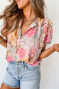 Loose V-neck puff sleeve floral print t-shirt
