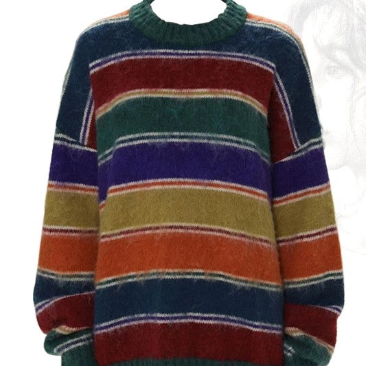 Retro sweater with contrasting rainbow round neck for women