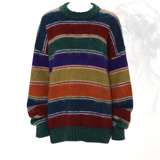 Retro sweater with contrasting rainbow round neck for women