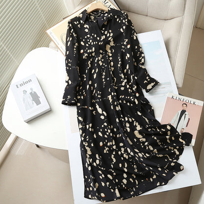 Women's autumn printed long dress with v-neck