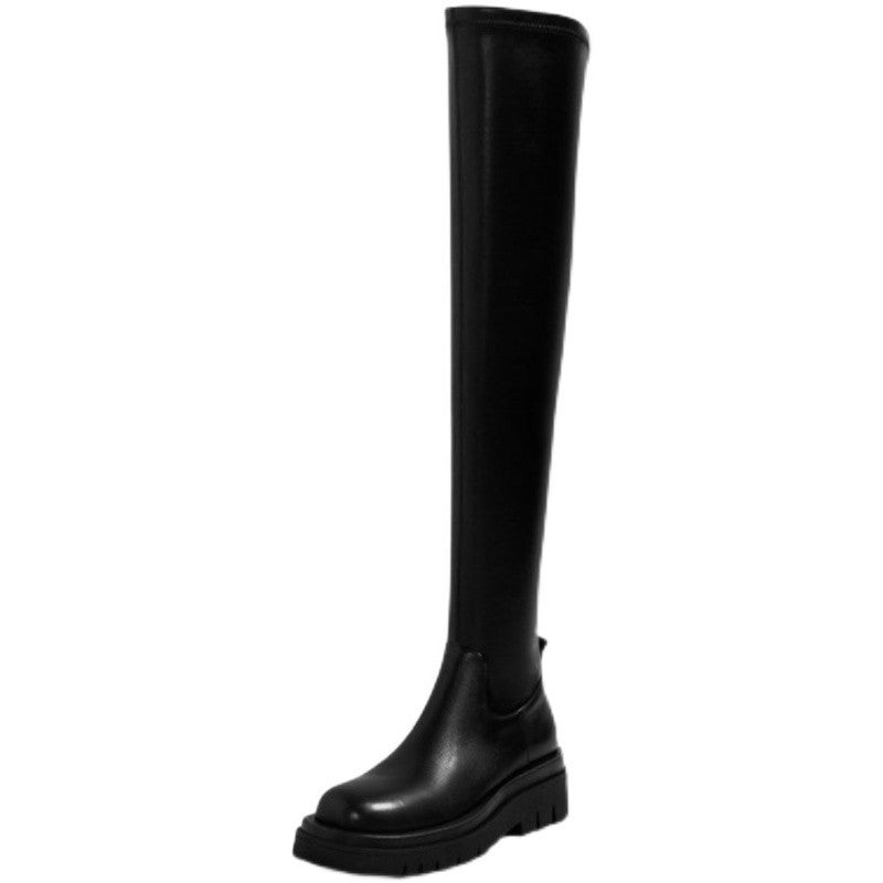 Dicke Sohle kniehohe Stiefel für Damen klobiger Absatz schwarze lange Stiefel Leder-Ritterstiefel modische Winterschuhe