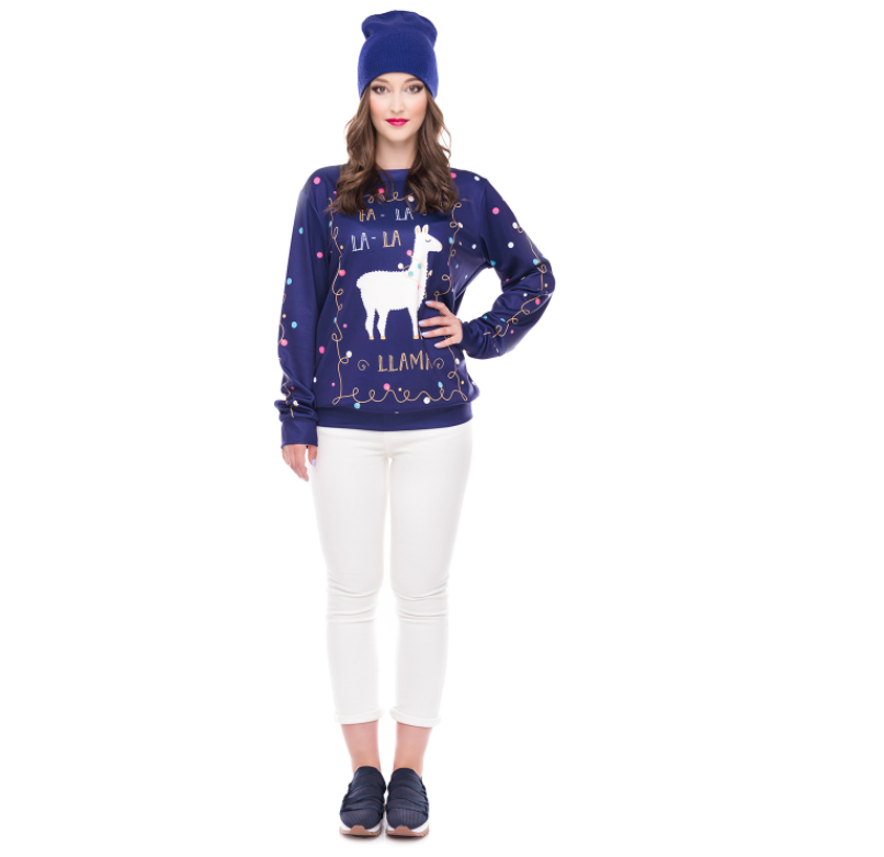 Damen-Sweatshirt mit weihnachtlichem süßem Alpaka-Aufdruck und Rundhalsausschnitt