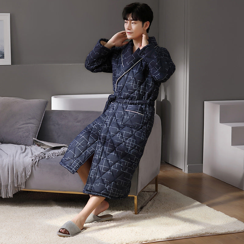 Long sleeve thin quilted pure cotton bathrobe for autumn and winter